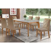 Conjunto: Mesa de Cozinha Londrina Tampo Madeirado c/ Vidro 180x90cm e 6 Cadeiras Melissa Capuccino/Linho Bege Turim - Rufato Conjunto: Mesa de Cozinha Londrina Tampo Madeirado c/ Vidro 180x90cm e 6 Cadeiras Melissa Capuccino/Linho Bege Turim - Rufato