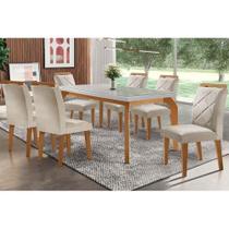 Conjunto: Mesa de Cozinha Londrina Tampo Madeirado c/ Vidro 180x90cm e 6 Cadeiras Melissa Capuccino/Suede Creme - Rufato