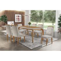 Conjunto: Mesa de Cozinha Londrina Tampo Madeirado c/ Vidro 180x90cm e 6 Cadeiras Melissa Capuccino/Suede Creme - Rufato