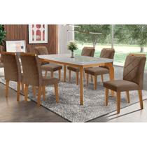 Conjunto: Mesa de Cozinha Londrina Tampo Madeirado c/ Vidro 180x90cm e 6 Cadeiras Melissa Imbuia/Suede Capuccino - Rufato