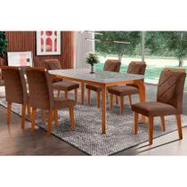 Conjunto: Mesa de Cozinha Londrina Tampo Madeirado c/ Vidro Curvo 120x80 e 4 Cadeiras Melissa Imbuia/Suede Capuccino - Rufato