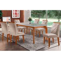 Conjunto: Mesa de Cozinha Londrina Tampo Madeirado c/ Vidro Curvo 120x80 e 4 Cadeiras Melissa Imbuia/Suede Creme - Rufato Conjunto: Mesa de Cozinha Londrina Tampo Madeirado c/ Vidro Curvo 120x80 e 4 Cadeiras Melissa Imbuia/Suede Creme - Rufato