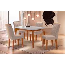 Conjunto: Mesa de Cozinha Londrina Tampo Madeirado c/ Vidro Curvo 120x80cm e 4 Cadeiras Londrina Capuccino/Suede Creme - Rufato
