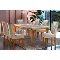 Conjunto: Mesa de Cozinha Londrina Tampo Madeirado c/ Vidro Reto 180x90 e 6 Cadeiras Londrina Imbuia/Suede Creme - Rufato