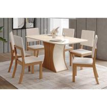 Conjunto: Mesa de Cozinha Luiza c/ Tampo Curvo Madeirado c/ Vidro 160x80cm e 6 Cadeiras Milla Nature/Linho - Henn