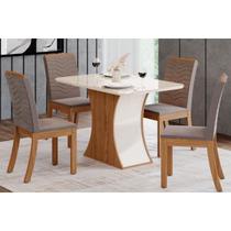 Conjunto: Mesa de Cozinha Luiza c/ Tampo de Vidro 120x80cm e 4 Cadeiras Isa Nature/Off White - Suede Marrom - Henn