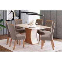Conjunto: Mesa de Cozinha Luiza Tampo Madeirado c/ Vidro 160x90cm e 6 Cadeiras Bella Nature/Suede Light Marrom Amendoa - Henn