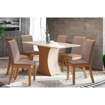Conjunto: Mesa de Cozinha Luiza Tampo Madeirado c/ Vidro 160x90cm e 6 Cadeiras Isa Nature/Suede Light Bege - Henn