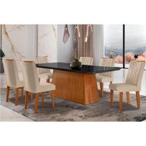 Conjunto: Mesa de Cozinha Luna c/ Tampo de Vidro Canto Curvo 180x90cm e 6 cadeiras Jade Imbuia/Grafite - Suede Creme - Rufato Conjunto: Mesa de Cozinha Luna c/ Tampo de Vidro Canto Curvo 180x90cm e 6 cadeiras Jade Imbuia/Grafite - Suede Creme - Rufato