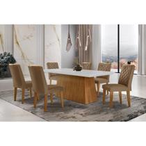 Conjunto: Mesa de Cozinha Luna c/ Tampo de Vidro Canto Curvo 180x90cm e 6 cadeiras Jade Imbuia/Off White - Suede Capuccino - Rufato Conjunto: Mesa de Cozinha Luna c/ Tampo de Vidro Canto Curvo 180x90cm e 6 cadeiras Jade Imbuia/Off White - Suede Capuccino - Rufato