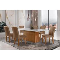 Conjunto: Mesa de Cozinha Luna c/ Tampo de Vidro Canto Curvo 180x90cm e 6 cadeiras Londrina Imbuia/Off White - Suede Capuccino - Rufato Conjunto: Mesa de Cozinha Luna c/ Tampo de Vidro Canto Curvo 180x90cm e 6 cadeiras Londrina Imbuia/Off White - Suede Capuccino - Rufato