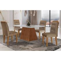 Conjunto: Mesa de Cozinha Luna c/ Tampo Madeirado c/ Vidro Canto Curvo 120x80cm e 4 cadeiras Imperatriz Imbuia/Off White - Suede Capuccino - Rufato