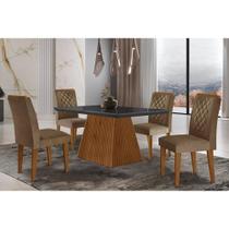 Conjunto: Mesa de Cozinha Luna c/ Tampo Madeirado c/ Vidro Canto Curvo 120x80cm e 4 cadeiras Jade Imbuia/Grafite - Suede Capuccino - Rufato