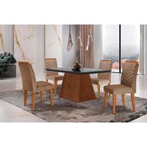 Conjunto: Mesa de Cozinha Luna c/ Tampo Madeirado c/ Vidro Canto Curvo 120x80cm e 4 cadeiras Londrina Imbuia/Grafite - Suede Capuccino - Rufato