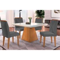 Conjunto: Mesa de Cozinha Luna c/ Tampo Madeirado c/ Vidro Canto Curvo 90x90cm e 4 cadeiras Amsterdã Imbuia/Off White - Suede Grafite - Rufato