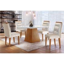 Conjunto: Mesa de Cozinha Luna c/ Tampo Madeirado c/ Vidro Canto Curvo 90x90cm e 4 cadeiras Imperatriz Imbuia/Off White - Suede Creme - Rufato
