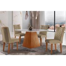 Conjunto: Mesa de Cozinha Luna c/ Tampo Madeirado c/ Vidro Canto Curvo 90x90cm e 4 cadeiras Jade Imbuia/Off White - Suede Capuccino - Rufato
