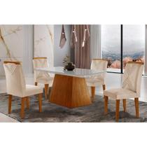 Conjunto: Mesa de Cozinha Luna Tampo Madeirado c/ Vidro Canto Reto 120x80 e 4 Cadeiras Amsterdã Imbuia/Suede Creme - Rufato Conjunto: Mesa de Cozinha Luna Tampo Madeirado c/ Vidro Canto Reto 120x80 e 4 Cadeiras Amsterdã Imbuia/Suede Creme - Rufato