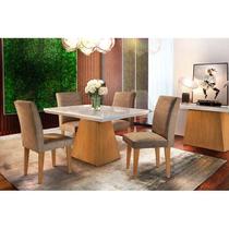 Conjunto: Mesa de Cozinha Luna Tampo Madeirado c/ Vidro Canto Reto 120x80cm e 4 Cadeiras Grécia Imbuia/Suede Capuccino - Rufato