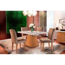Conjunto: Mesa de Cozinha Luna Tampo Madeirado c/ Vidro Canto Reto 120x80cm e 4 Cadeiras Grécia Imbuia/Suede Capuccino - Rufato