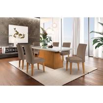 Conjunto: Mesa de Cozinha Luna Tampo Madeirado c/ Vidro Canto Reto 180x90cm e 6 Cadeiras Grécia Casal - Suede Capuccino - Rufato