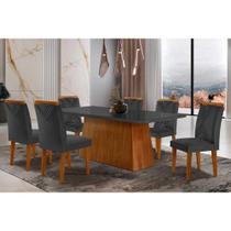 Conjunto: Mesa de Cozinha Luna Tampo Madeirado c/ Vidro Curvo 180x90 e 6 Cadeiras Amsterdã Capuccino/Suede Grafite - Rufato