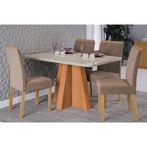 Conjunto: Mesa de Cozinha Maitê Tampo Madeirado c/ Vidro 130x80cm e 4 Cadeiras Fernanda Cinamomo/Off White - Carvalho/Linho Bege - Cimol