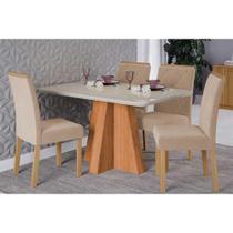 Conjunto: Mesa de Cozinha Maitê Tampo Madeirado c/ Vidro 130x80cm e 4 Cadeiras Fernanda Cinamomo/Off White - Carvalho/Suede Nude Bege - Cimol