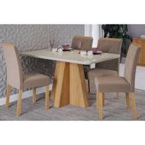 Conjunto: Mesa de Cozinha Maitê Tampo Madeirado c/ Vidro 130x80cm e 4 Cadeiras Fernanda Nature/Off White - Carvalho/Linho Bege - Cimol