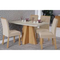Conjunto: Mesa de Cozinha Maitê Tampo Madeirado c/ Vidro 130x80cm e 4 Cadeiras Fernanda Nature/Off White - Carvalho/Suede Nude Bege - Cimol Conjunto: Mesa de Cozinha Maitê Tampo Madeirado c/ Vidro 130x80cm e 4 Cadeiras Fernanda Nature/Off White - Carvalho/Suede Nude Bege - Cimol
