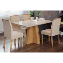 Conjunto: Mesa de Cozinha Maitê Tampo Madeirado c/ Vidro 130x80cm e 4 Cadeiras Juliana Nature/Off White - Carvalho/Suede Nude Bege - Cimol