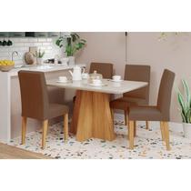 Conjunto: Mesa de Cozinha Maitê Tampo Madeirado c/ Vidro 130x80cm e 4 Cadeiras Maia Cinamomo/Off White - Suede Mascavo Chocolate - Cimol Conjunto: Mesa de Cozinha Maitê Tampo Madeirado c/ Vidro 130x80cm e 4 Cadeiras Maia Cinamomo/Off White - Suede Mascavo Chocolate - Cimol