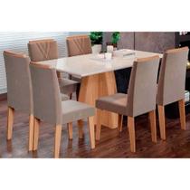 Conjunto: Mesa de Cozinha Maitê Tampo Madeirado c/ Vidro Canto Curvo 160X80cm e 6 Cadeiras Nicole Nature/Suede Joli Chocolate - Cimol Conjunto: Mesa de Cozinha Maitê Tampo Madeirado c/ Vidro Canto Curvo 160X80cm e 6 Cadeiras Nicole Nature/Suede Joli Chocolate - Cimol