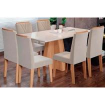 Conjunto: Mesa de Cozinha Maitê Tampo Madeirado c/ Vidro Canto Curvo 160X80cm e 6 Cadeiras Nicole Nature/Suede Nude Bege - Cimol Conjunto: Mesa de Cozinha Maitê Tampo Madeirado c/ Vidro Canto Curvo 160X80cm e 6 Cadeiras Nicole Nature/Suede Nude Bege - Cimol
