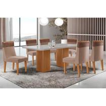 Conjunto: Mesa de Cozinha Maldivas c/ Tampo Madeirado c/ Vidro Canto Curvo 180x90cm e 6 Cadeiras Jaspe Naturale/Off White - Suede Capuccino - Rufato Conjunto: Mesa de Cozinha Maldivas c/ Tampo Madeirado c/ Vidro Canto Curvo 180x90cm e 6 Cadeiras Jaspe Naturale/Off White - Suede Capuccino - Rufato