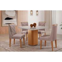 Conjunto: Mesa de Cozinha Maldivas c/ Tampo Madeirado c/ Vidro Canto Curvo 90x90cm e 4 Cadeiras Pietá Naturale/Off White - Linho Capuccino - Rufato Conjunto: Mesa de Cozinha Maldivas c/ Tampo Madeirado c/ Vidro Canto Curvo 90x90cm e 4 Cadeiras Pietá Naturale/Off White - Linho Capuccino - Rufato