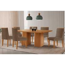 Conjunto: Mesa de Cozinha Maldivas c/ Tampo Madeirado Canto Curvo 180x90cm e 6 Cadeiras Dakota Naturale - Suede Capuccino - Rufato