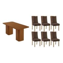 Conjunto: Mesa de Cozinha Maldivas c/ Tampo Madeirado Canto Curvo 180x90cm e 6 Cadeiras Tilia Naturale - Suede Marrom - Rufato Conjunto: Mesa de Cozinha Maldivas c/ Tampo Madeirado Canto Curvo 180x90cm e 6 Cadeiras Tilia Naturale - Suede Marrom - Rufato