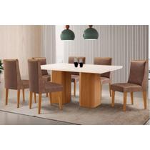 Conjunto: Mesa de Cozinha Maldivas Tampo c/ Vidro Curvo 180cm+6 Cadeiras Dakota Madeira Naturale/Off White - Capuccino/Corano Capuccino - Rufato Conjunto: Mesa de Cozinha Maldivas Tampo c/ Vidro Curvo 180cm+6 Cadeiras Dakota Madeira Naturale/Off White - Capuccino/Corano Capuccino - Rufato