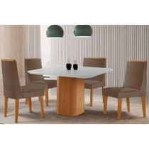 Conjunto: Mesa de Cozinha Maldivas Tampo c/ Vidro Curvo 90cm+4 Cadeiras Dakota Madeira Naturale/Off White - Capuccino/Suede Capuccino - Rufato Conjunto: Mesa de Cozinha Maldivas Tampo c/ Vidro Curvo 90cm+4 Cadeiras Dakota Madeira Naturale/Off White - Capuccino/Suede Capuccino - Rufato
