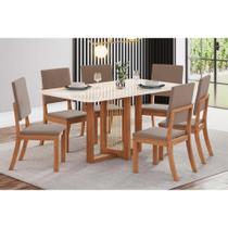 Conjunto: Mesa de Cozinha Natalí c/ Tampo Madeirado c/ Vidro Curvo 160x90cm e 6 Cadeiras Milla Nature/Suede Light Marrom Amêndoa - Henn Conjunto: Mesa de Cozinha Natalí c/ Tampo Madeirado c/ Vidro Curvo 160x90cm e 6 Cadeiras Milla Nature/Suede Light Marrom Amêndoa - Henn