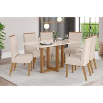 Conjunto: Mesa de Cozinha Natalí c/ Tampo Madeirado c/ Vidro Curvo 160x90cm e 6 Cadeiras Nina Nature/Suede Light Linho - Henn