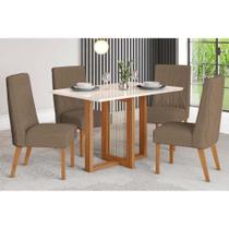 Conjunto: Mesa de Cozinha Natalí c/ Tampo Madeirado c/ Vidro Reto 120x80cm e 4 Cadeiras Eloa Nature/Suede Light Marrom Amêndoa - Henn