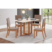 Conjunto: Mesa de Cozinha Natalí c/ Tampo Madeirado c/ Vidro Reto 120x80cm e 4 Cadeiras Milla Nature/Suede Light Marrom Amêndoa - Henn