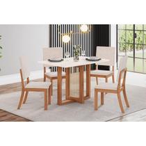Conjunto: Mesa de Cozinha Natalí c/ Tampo Madeirado Reto s/ Vidro 120x80cm e 4 Cadeiras Milla Nature/Off White - Linho Bege - Henn