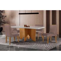 Conjunto: Mesa de Cozinha Nevada c/ Tampo Madeirado c/ Vidro Canto Curvo 120x80cm e 4 Cadeiras Dakota Naturale/Off White - Linho Capuccino - Rufato Conjunto: Mesa de Cozinha Nevada c/ Tampo Madeirado c/ Vidro Canto Curvo 120x80cm e 4 Cadeiras Dakota Naturale/Off White - Linho Capuccino - Rufato