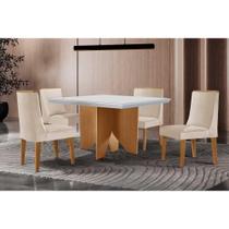Conjunto: Mesa de Cozinha Nevada c/ Tampo Madeirado c/ Vidro Canto Curvo 90x90cm e 4 Cadeiras Dakota Naturale/Off White - Suede Creme - Rufato Conjunto: Mesa de Cozinha Nevada c/ Tampo Madeirado c/ Vidro Canto Curvo 90x90cm e 4 Cadeiras Dakota Naturale/Off White - Suede Creme - Rufato