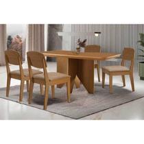 Conjunto: Mesa de Cozinha Nevada c/ Tampo Madeirado Canto Curvo 120x80cm e 4 Cadeiras Havana Naturale - Linho Bege - Rufato Conjunto: Mesa de Cozinha Nevada c/ Tampo Madeirado Canto Curvo 120x80cm e 4 Cadeiras Havana Naturale - Linho Bege - Rufato