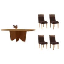 Conjunto: Mesa de Cozinha Nevada c/ Tampo Madeirado Canto Curvo 120x80cm e 4 Cadeiras Jaspe Naturale - Suede Marrom - Rufato