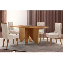 Conjunto: Mesa de Cozinha Nevada c/ Tampo Madeirado Canto Curvo 120x80cm e 4 Cadeiras Maldivas Naturale - Suede Creme - Rufato